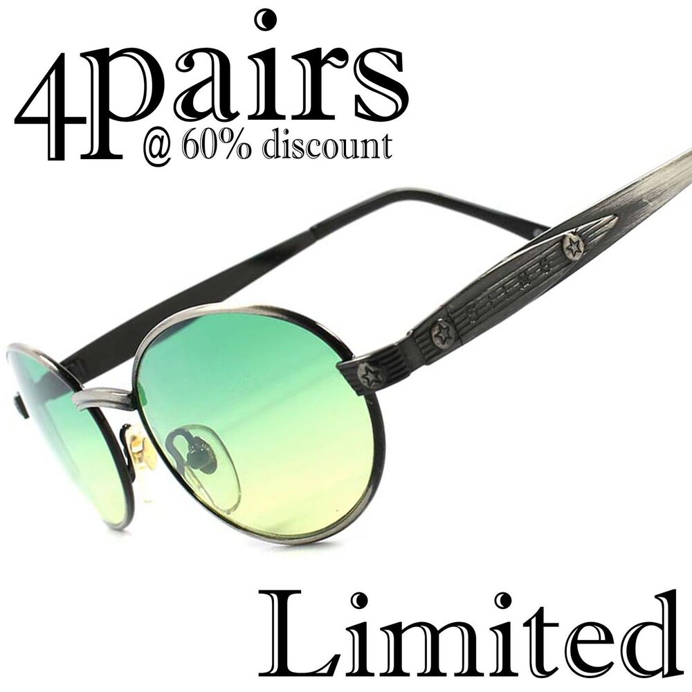 Lot of 4 pairs Classic Mens Womens Green Lens Brushed Metal Oval Sunglasses